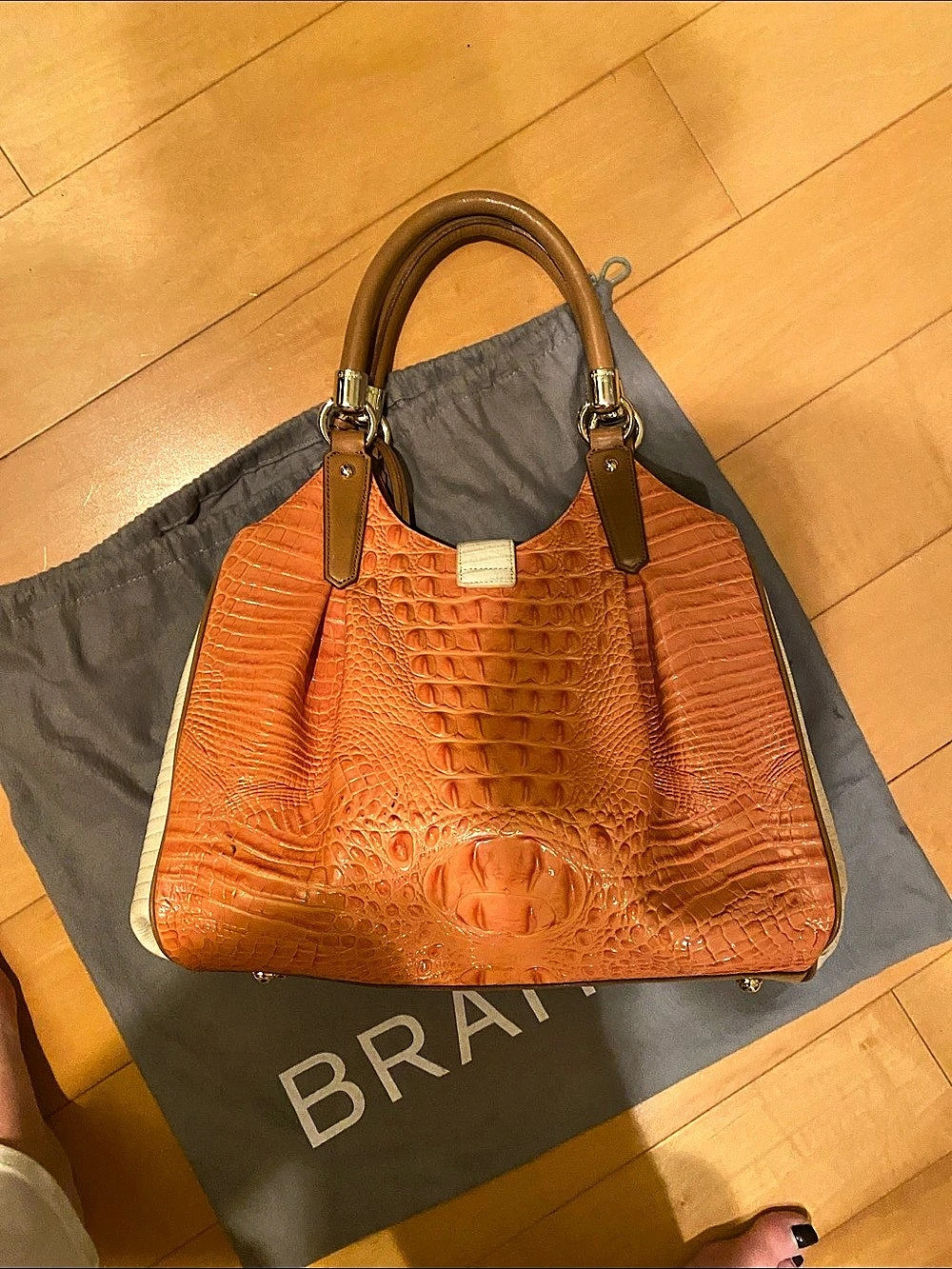 Brahmin Crocodile-Embossed Shoulder Bag in Light Orange, Cream with Brown handle